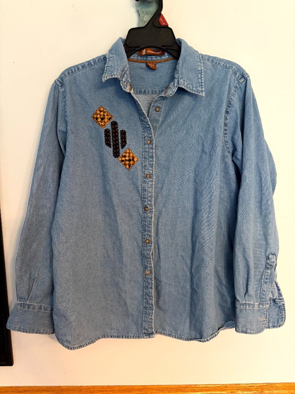 Vintage Harriton Women's Jean Shirt Size XL Boho Button up Beaded